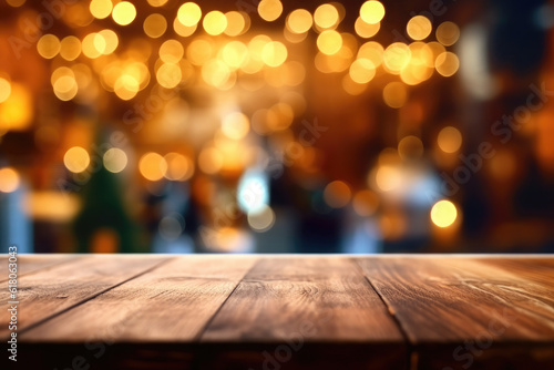 Christmas background. Empty wooden table on the background of the New Year's golden bokeh. Ready for product montage.Generative AI