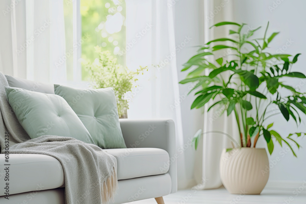 Serenity Amidst Greenery: A Cozy Living Room with Comfortable Sofa, Wooden Table, and Lush Houseplants Serenity Amidst Greenery: A Cozy Living Room with Comfortable Sofa, Wooden Table, and Lush Houseplants