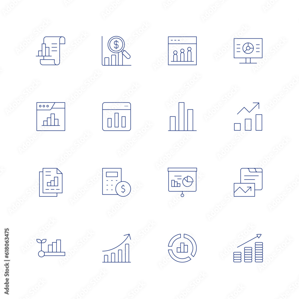 Statistics line icon set on transparent background with editable stroke. Containing analytics, statistics, bar chart, business report, calculator, chart, development, diagram, donut chart, earnings.