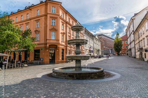 A view up the New Square from the River Ljubljanica in Ljubljana, Slovenia in summertime