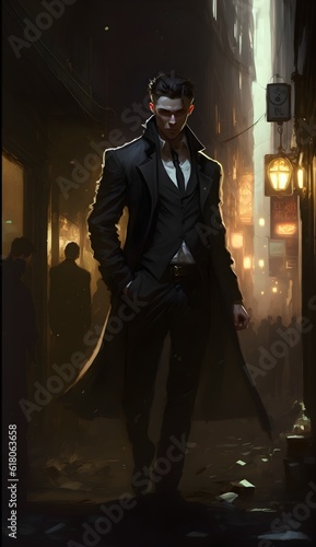 Kaz Brekker Silco black suit revolver night dark back alley Character Design fantasy themed Full Body Portrait  photo