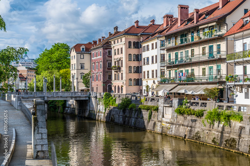 A view towards the Shoemakers bridge from the New Square in Ljubljana, Slovenia in summertime