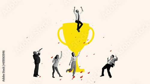 Stop motion, 2D animation. Creative design, contemporary art collage of group of people celebrating victory, dancing around gold cup trophy symbol photo