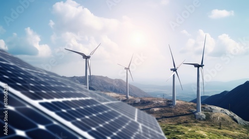 Solar energy panels photovoltaic cells and wind turbines with backdrop of nature landscape, mountains and blue sky. Production of renewable green energy. Sustainable development concept. 3D rendering.