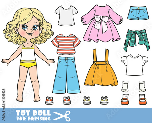 Cartoon blond girl  and clothes separately -   long sleeve pink dress,  t-shirts, sandals, skirt, shorts, shirt, jeans and sneakers doll for dressing