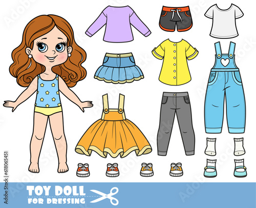 Cartoon brunette girl  and clothes separately -  skirt, long sleeve, shirt, sandals, jeans and sneakers doll for dressing