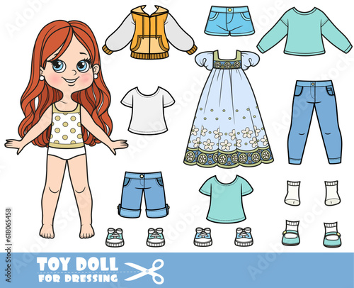 Cartoon brunette girl  and clothes separately - summer dress, long sleeve, shirt, shorts, sandals, jeans and sneakers doll for dressing