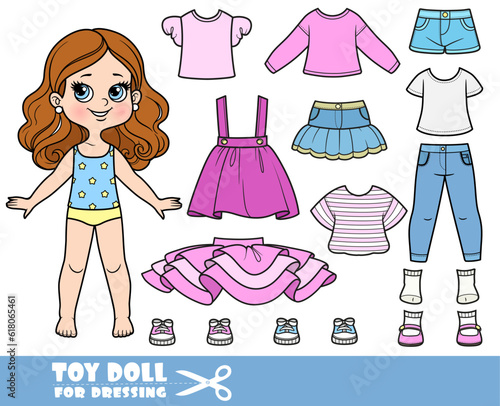 Cartoon brunette girl  and clothes separately -  tutu, skirt, long sleeve, shirt, shorts, sandals, jeans and sneakers doll for dressing
