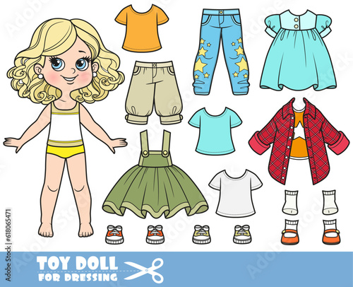 Cartoon blond girl  and clothes separately - dress, shirts, sandals, skirt, breeches, shirt with long sleeves, jeans and sneakers doll for dressing