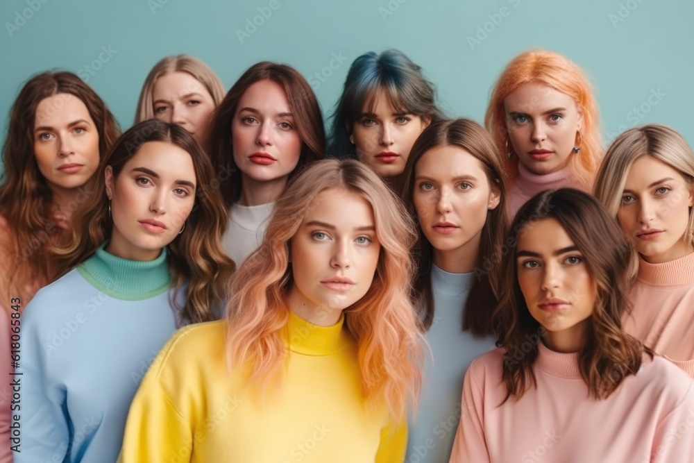 Many women in bright colored posing on pastel blue background. Generative ai Many women in bright colored posing on pastel blue background. Generative ai