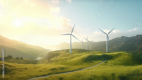 Wind turbines on the green hills against the colorful sunset sky. Production of renewable green energy. Sustainable development concept. Mockup, 3D rendering.