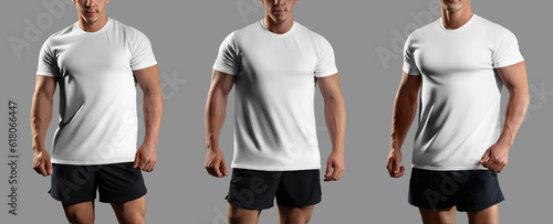 Mockup of white t-shirt on muscular man in shorts, shirt for design, front view. Set