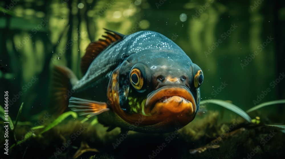 close up view of head of swimming piranha fish close up view of head of swimming piranha fish