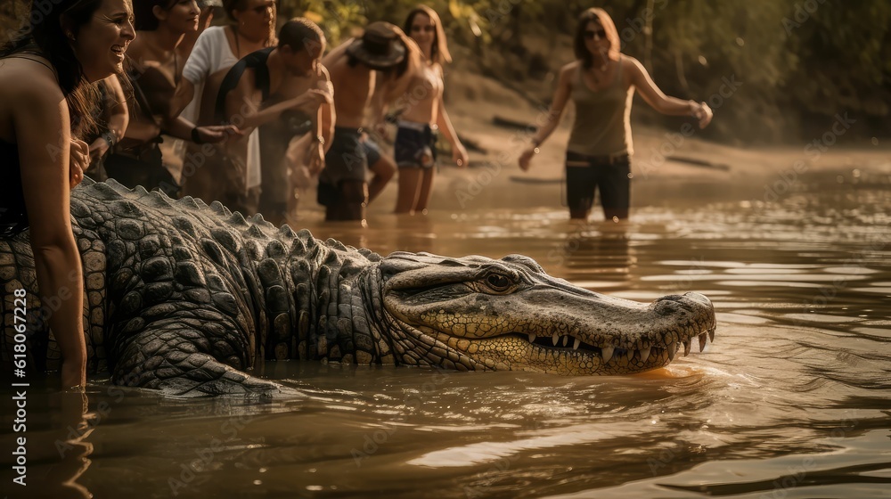 Fotografie American alligator closeup lying on the sand, toothy