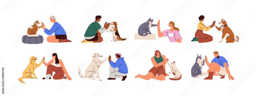 Obraz na plátně People and cute animals, cats and dogs, giving high five set