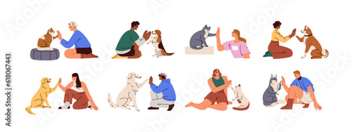 People and cute animals, cats and dogs, giving high five set. Pet owners and companion puppies, kitties friends greeting with hands and paws. Flat vector illustrations isolated on white background
