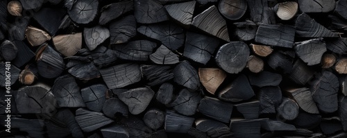 Dark background of cut pile logs, wood panorama close up. Generative ai.