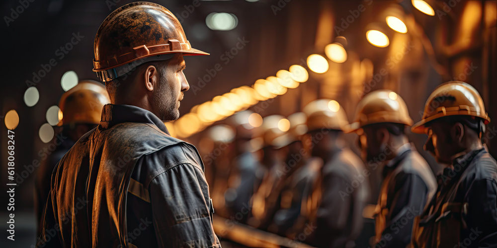 Fototapeta premium Engineer team holding hardhat standing in row ready for work,ai generative