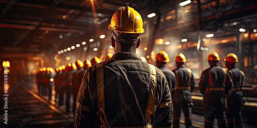 Engineer team holding hardhat standing in row ready for work,ai generative