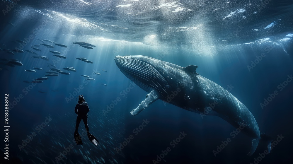 Fototapeta premium underwater photographer encounters humpback whales