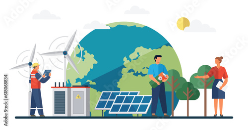 Modern alternative energy. Ecological energy. Green world. Alternative electricity source and sustainable resources. Solar cell team service house installing. Green energy. Ecological energy