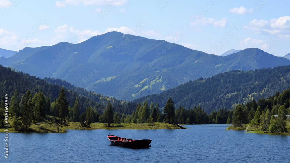 Beautiful mountains with lake and boat Beautiful mountains with lake and boat
