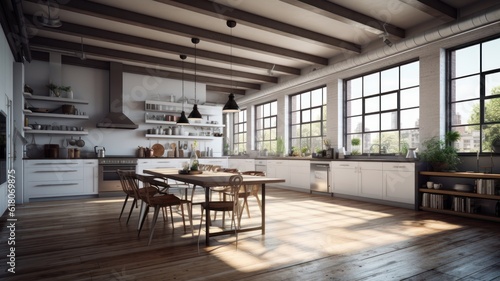 Spacious loft style kitchen with dining area. White facades, open shelves, large wooden table, modern kitchen appliances, wooden floor, wooden ceiling with beams, green plants, panoramic windows. © Georgii