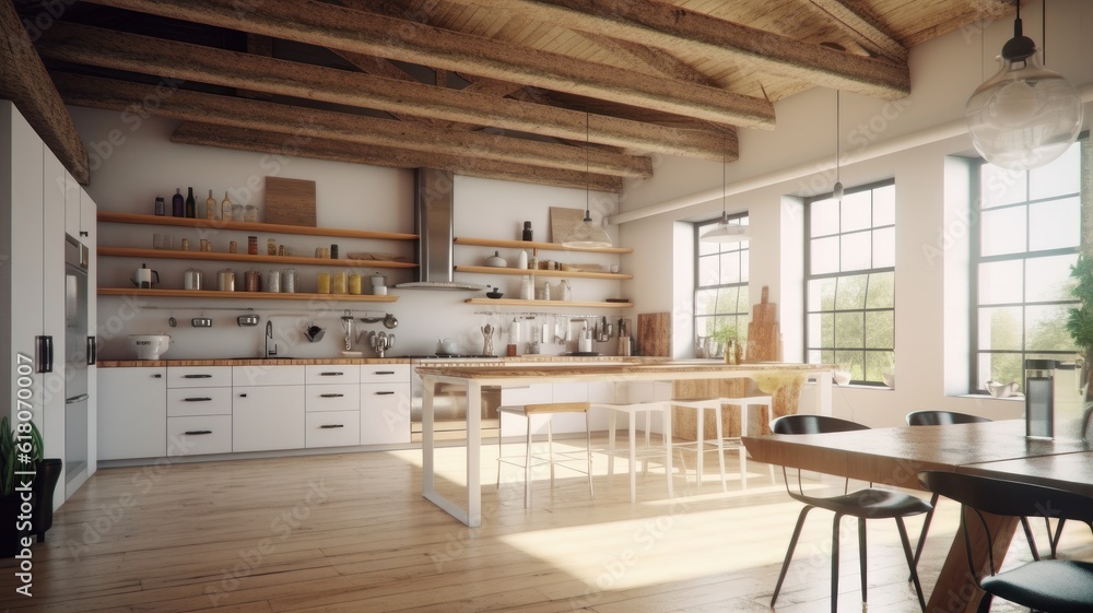 Spacious loft style kitchen with dining area. White facades, open shelves, large wooden table, modern kitchen appliances, wooden floor, wooden ceiling with beams, green plants, panoramic windows. Spacious loft style kitchen with dining area. White facades, open shelves, large wooden table, modern kitchen appliances, wooden floor, wooden ceiling with beams, green plants, panoramic windows.