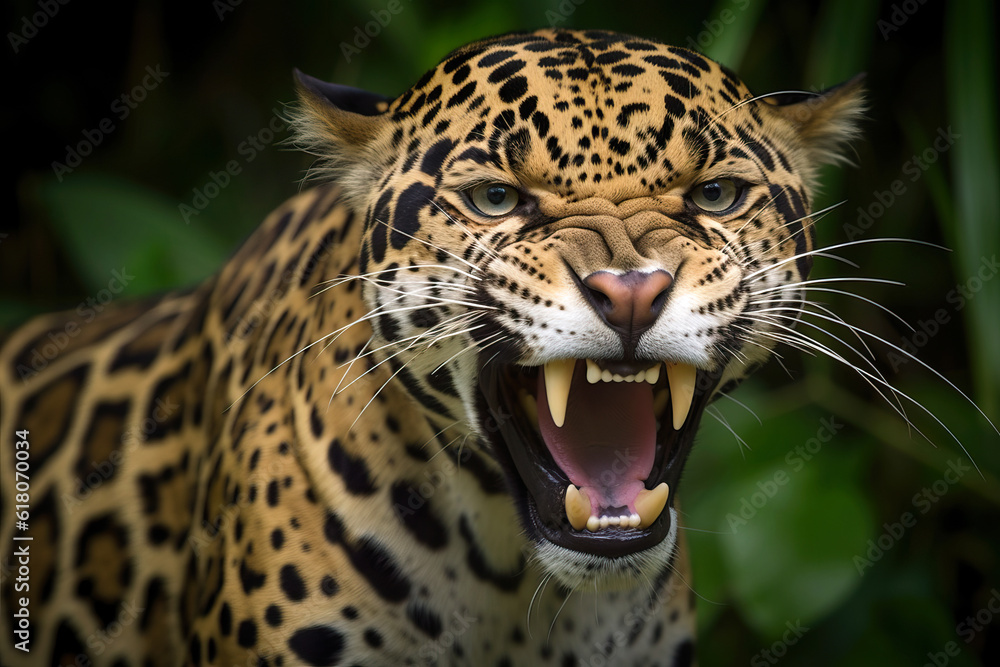 Obraz premium Portrait of powerfull Jaguar in Amazon Forest. Amazing Wildlife. Generative Ai