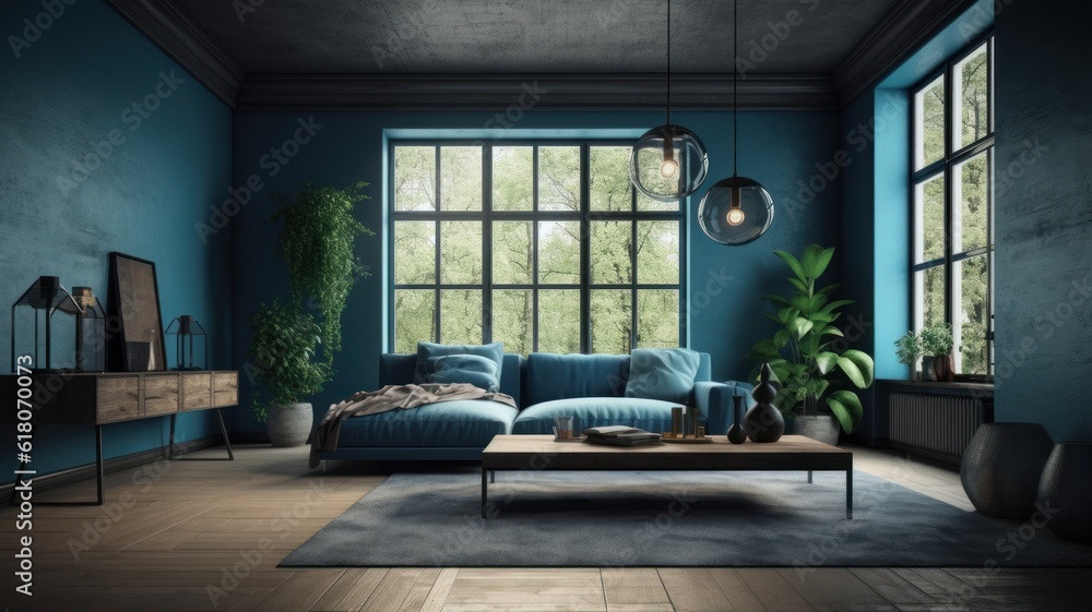 Cozy living room in blue and gray tones. Stylish corner sofa, wood coffee table, carpet on wooden floor, plants in floor pots, home decor, panoramic windows with garden view. 3D rendering. Cozy living room in blue and gray tones. Stylish corner sofa, wood coffee table, carpet on wooden floor, plants in floor pots, home decor, panoramic windows with garden view. 3D rendering.