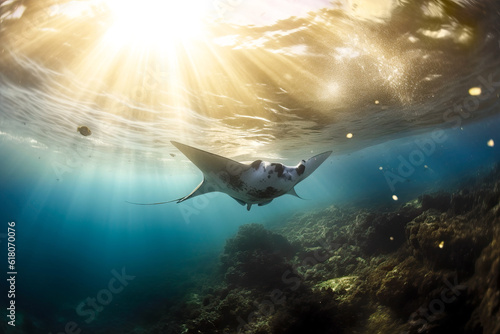 Manta Ray swimming in the blue ocean with sun rays beaming down from above. Amazing Wildlife. Generative Ai