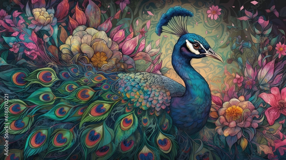 Fototapeta premium Watercolor peacock with flowers