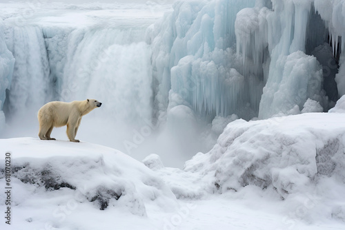 Polar bear standing on frozen waterfall. Winter Artic landscape background. Amazing Wildlife. Generative Ai