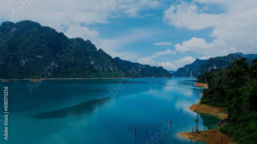 Aerial view at Khao Sok national park Cheow Lan Dam lake with blue sky background in Surat Thani, Thailand
