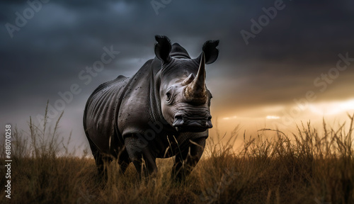 Powerfull African rhino in the savanna at sunset. Amazing African Wildlife. Generative Ai