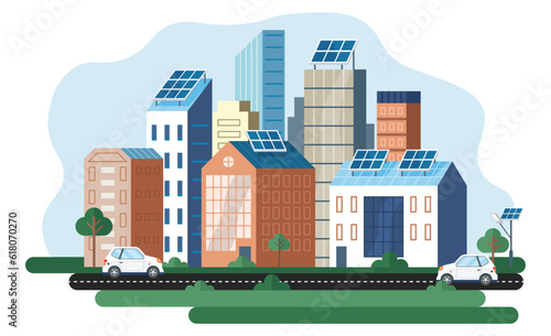 Renewable electric solar power plant station. Modern big town alternative eco green energy. Gren energy city smart power building. Solar power station building sun and urban city skyscrapers skyline