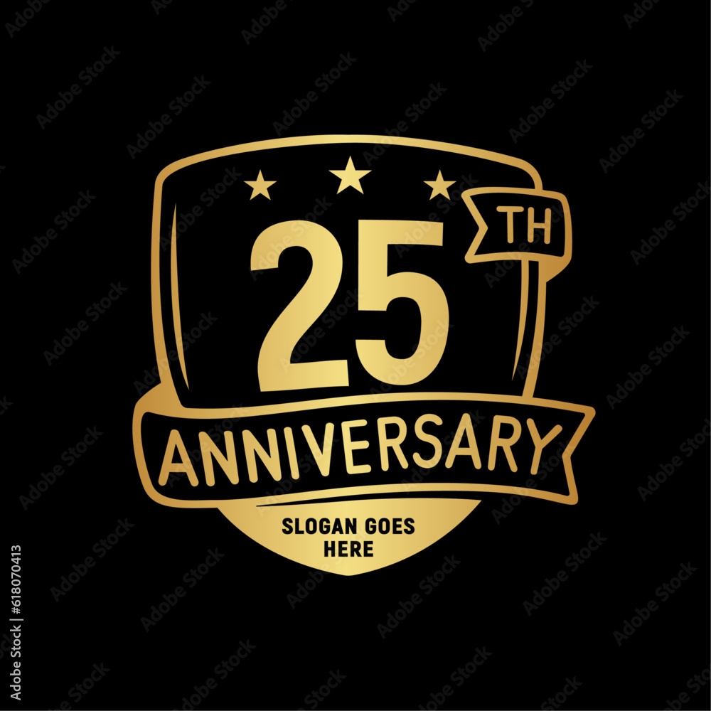 25 years anniversary celebration shield design template. 25th anniversary logo. Vector and illustration. 25 years anniversary celebration shield design template. 25th anniversary logo. Vector and illustration.
