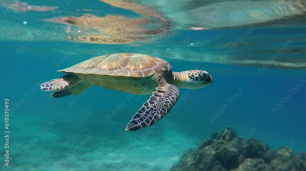 AI-generated illustration of a green sea turtle swimming underwater
