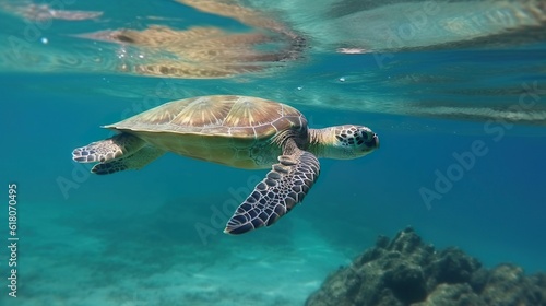 AI-generated illustration of a green sea turtle swimming underwater