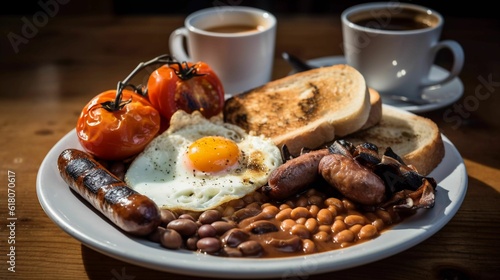 AI generated illustration of a white plate featuring a hearty English breakfast