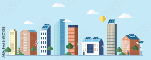Renewable electric solar power plant station. Modern big town alternative eco green energy. Gren energy city smart power building. Solar power station building sun and urban city skyscrapers skyline
