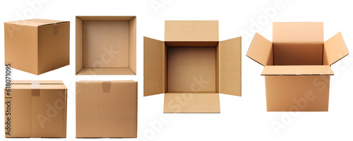 Empty wooden cardboard box on transparent background cutout, PNG file. Mockup template for artwork design. perspective open close positions many different angle © Sandra Chia