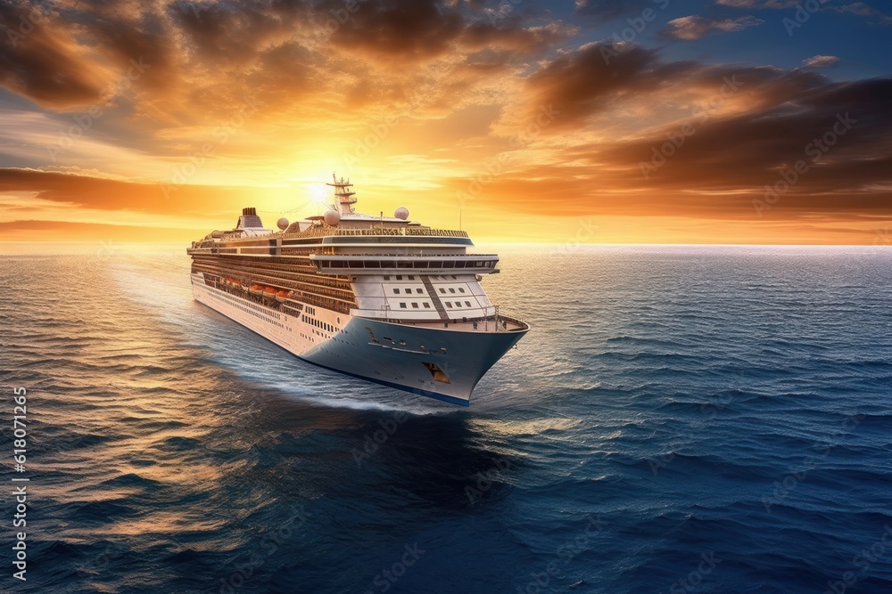 Aerial view of luxury white cruise ship in calm tropical sea. Beautiful sky, bright sunset over the horizon. The concept of summer cruise vacation and travel. 3D rendering.