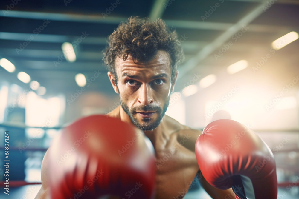 Aggressive shirtless boxer, young man boxer practicing a left hit