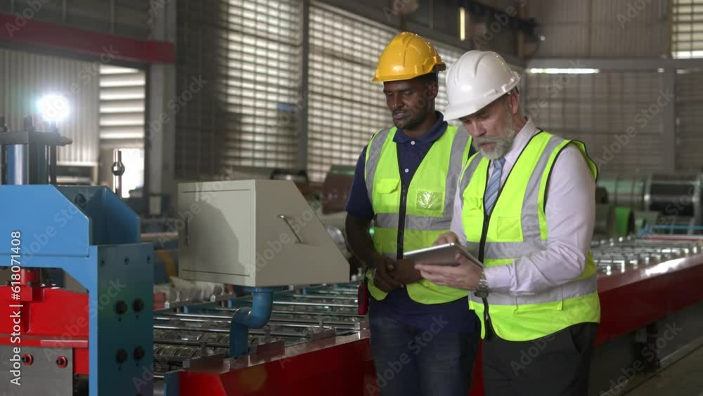Young maintenance and senior supervisor engineer checking machine in factory Young maintenance and senior supervisor engineer checking machine in factory