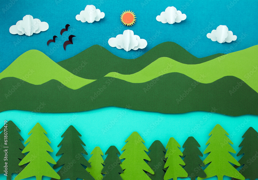 Obraz premium Day landscape mountain with sky and tree made of paper cut. concept paper art background.