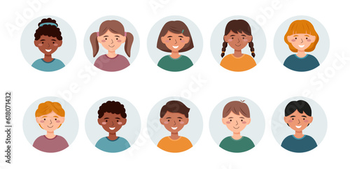 Boys and girls avatars in the flat style on white background. Portraits of children.