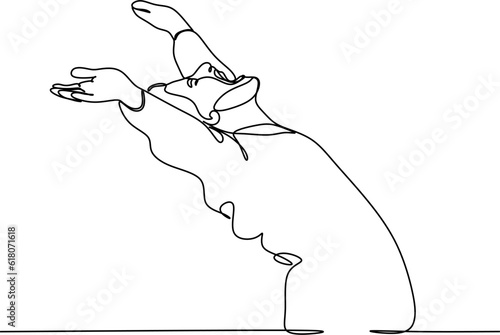man spread his arms to the sides like bird or airplane face pointing up - one line drawing vector. concept dream, freedom, liberation, breathe deeply, triumph, victory, enlightenment