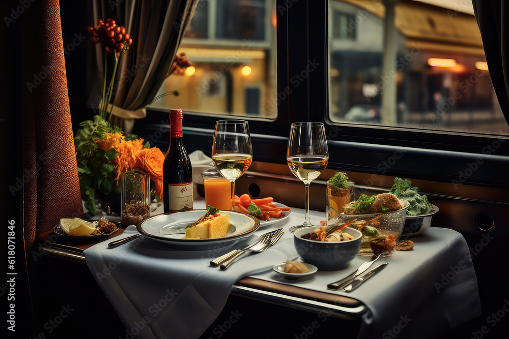 A restaurant in a train with a beautiful view outside the window. Dining car, vagon restaurant. A table with delicious food and wine. Generative AI professional photo.