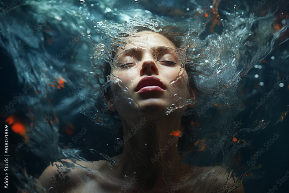 a person submerged in deep water, surrounded by chaos and turbulence, yet maintaining a serene and composed expression, representing the stoic ability to find inner calm amidst the Generative AI a person submerged in deep water, surrounded by chaos and turbulence, yet maintaining a serene and composed expression, representing the stoic ability to find inner calm amidst the Generative AI